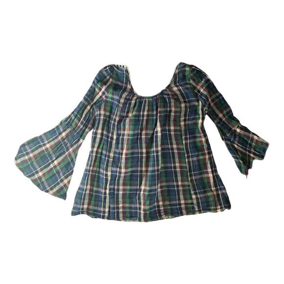 Oddy womens medium large green plaid square neck crochet bell anthropologie shir - Picture 2 of 6